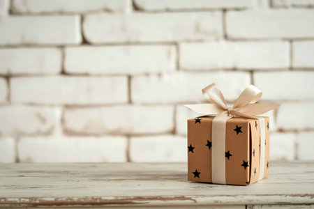 A single, neatly wrapped gift box with a light pink ribbon sits on a textured wooden surface. The background is a blurred white brick wall.の写真素材