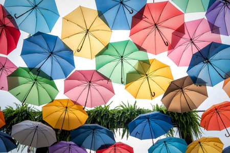 An overhead view of numerous open umbrellas in a variety of bright colors, forming a lively and festive pattern against a light background.の写真素材