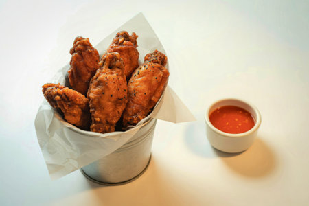 Golden brown, crispy fried chicken wings are served in a white paper-lined bucket alongside a small cup of red dipping sauce.の写真素材