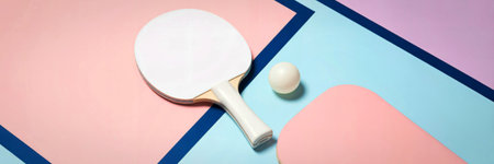 A minimalist composition featuring a white ping pong paddle and ball against a backdrop of pastel pink, blue, and purple geometric shapes.の写真素材