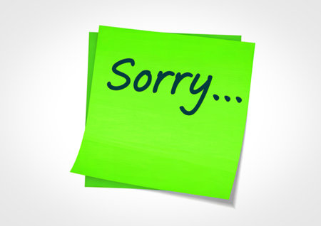 A bright green sticky note with the word Sorry written in a dark blue cursive font, isolated on a...