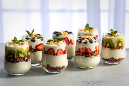 A collection of delicious and visually appealing yogurt parfaits layered with granola, fresh fruits like strawberries and blueberries, and a touch of mint.の写真素材