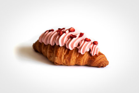 A golden brown croissant is generously filled and topped with swirls of light pink cream and...