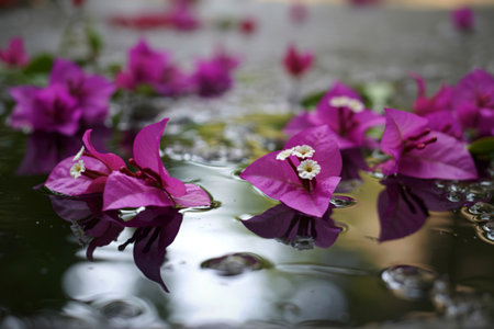 Close-up view of bright pink bougainvillea flowers with delicate petals and dark green leaves.の写真素材