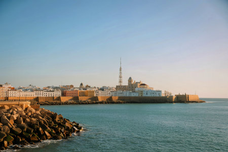 A panoramic view of a historic coastal city with white buildings, a prominent tower, and a calm sea, framed by a rocky embankment.の写真素材