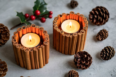 Two rustic candle holders crafted from cinnamon sticks, illuminated by tea lights, surrounded by pinecones and holly sprigs on a textured surface.の写真素材