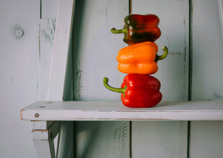 A vibrant stack of red, orange, and green bell peppers sits on a weathered white shelf against a backdrop of white wooden planks.の写真素材