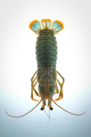 A detailed, top-down view of a mantis shrimp's segmented body and antennae against a bright white...