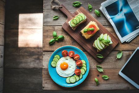 A bright and inviting overhead view of a healthy breakfast featuring a fried egg, fresh vegetables,...