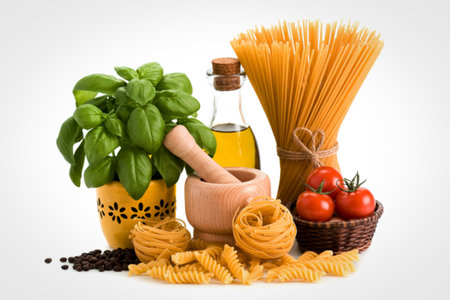 A vibrant still life featuring uncooked pasta, fresh basil, olive oil, tomatoes, and a mortar and pestle, evoking Italian cuisine.の写真素材