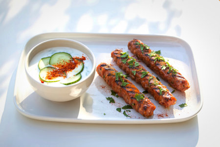 Three grilled sausages are served on a white platter with a small bowl of creamy cucumber dip,...