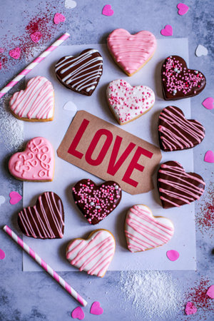 A collection of heart-shaped cookies with various icings and drizzles, centered around a cookie with the word LOVE.の写真素材