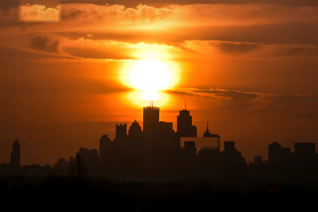 A vibrant orange sun sets behind a dark silhouette of a city skyline, casting a warm glow through dramatic clouds.の写真素材