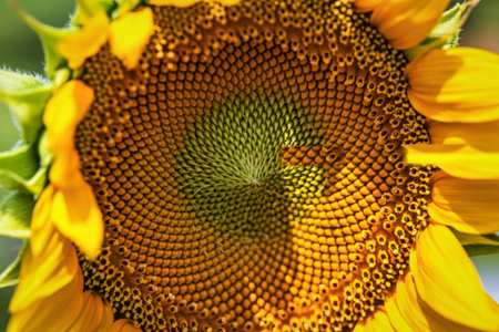 A detailed, close-up view of the intricate seed arrangement in the center of a bright yellow sunflower, showcasing its natural beauty.の写真素材
