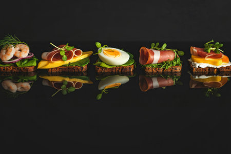 A row of five gourmet open-faced sandwiches, each uniquely topped with fresh ingredients, presented against a dark, reflective background.の写真素材