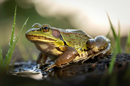 A close-up of a vibrant green frog perched on a wet log, surrounded by water and vegetation.の写真素材