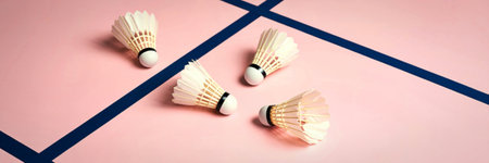 A high-angle view of four white badminton shuttlecocks scattered across a pastel pink surface, intersected by bold blue lines.の写真素材