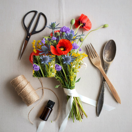 A vibrant wildflower bouquet is arranged with gardening tools, twine, and cutlery, suggesting a rustic or nature-inspired creative project.の写真素材