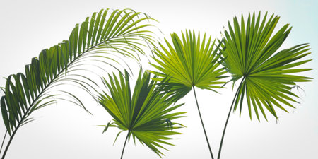 Several vibrant green palm fronds fan out against a clear, bright sky, creating a tropical and airy feel.の写真素材