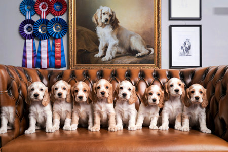 A group of seven adorable puppies are sitting in a row on a brown leather couch, with awards displayed behind them.の写真素材