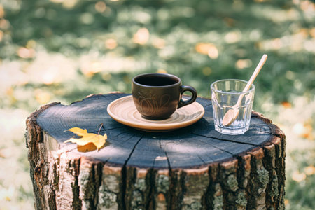 A dark ceramic coffee cup sits on a saucer atop a rough-hewn tree stump, next to an empty glass with a straw.の写真素材