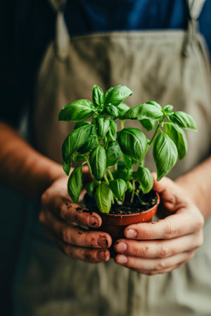 A person wearing an apron gently holds a small terracotta pot filled with a vibrant, healthy basil plant, showcasing its fresh green leaves.の写真素材