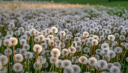 A vast field of mature dandelions, their white seed heads creating a soft, ethereal landscape under gentle, warm lighting.の写真素材