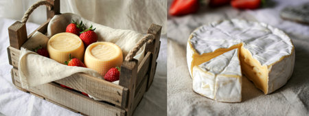 A diptych showcasing a rustic wooden crate filled with cheese and strawberries, contrasted with a wheel of brie cheese sliced and ready to serve.の写真素材