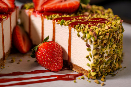 A close-up of a slice of creamy cake covered in chopped pistachios and topped with fresh strawberries and a red sauce drizzle.の写真素材