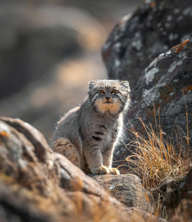 A fluffy Pallas's cat with distinctive facial markings sits alertly on a rocky outcrop, surrounded by muted natural colors.の写真素材