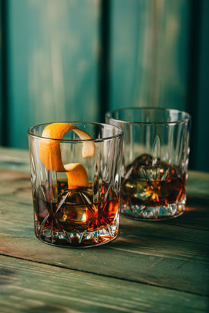 Two crystal glasses filled with amber liquid and ice, garnished with orange peel, sit on a rustic wooden surface, evoking a classic cocktail experience.の写真素材