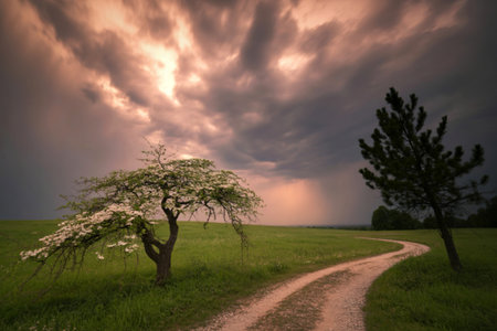 A dirt path winds through a green field towards a dramatic, cloudy sky with light breaking through. Two trees stand on either side of the path.の写真素材