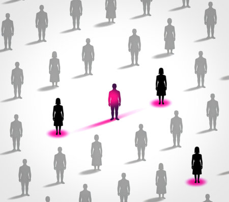 A vibrant pink figure stands out amongst a crowd of grey silhouettes, highlighting individuality and uniqueness.の写真素材