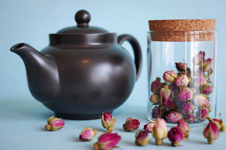 A dark ceramic teapot sits next to a glass jar filled with dried rose buds, with scattered rose buds on a light blue surface.の写真素材