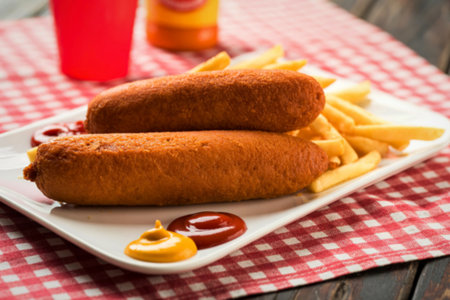 Two delicious corn dogs sit atop a pile of golden french fries, with ketchup and mustard on the...