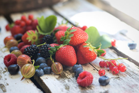 A vibrant, close-up shot of mixed berries including strawberries, raspberries, blueberries, and currants, artfully arranged on weathered wood.の写真素材