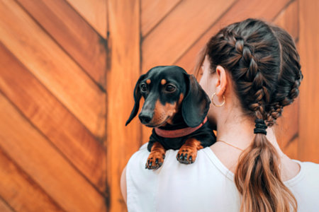 A small black and tan dachshund sits on a woman's shoulder. The woman has her back to the camera and her hair is in a braid.の写真素材
