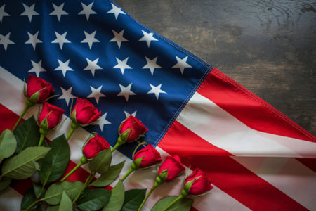 A patriotic arrangement featuring the American flag draped with vibrant red roses, evoking feelings...