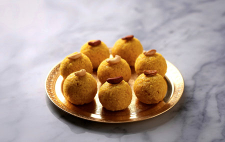 A close-up of several golden-hued Indian sweets, possibly ladoos, arranged on a shiny gold plate,...