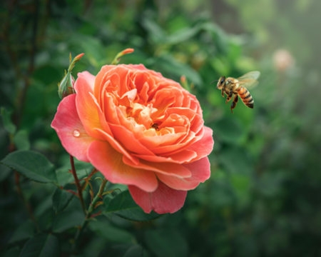 A close-up of a vibrant rose with a bee flying towards it, set against a soft green background.