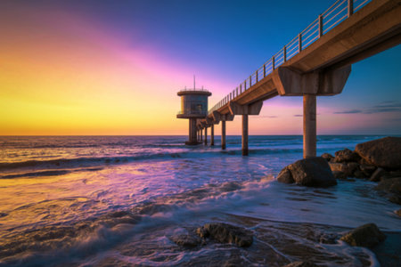 A vibrant sunset paints the sky with hues of orange, pink, and purple over the ocean. Waves gently lap the shore near Scripps Pier.の写真素材