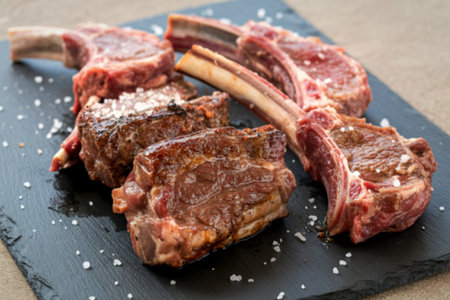Several raw lamb chops, seasoned with coarse salt, are arranged on a dark slate serving board, ready...