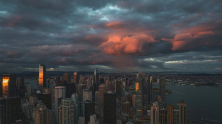A city skyline is silhouetted against a dramatic sky filled with dark, turbulent storm clouds illuminated by sunset colors.の写真素材