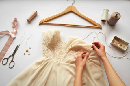 A close-up overhead view of hands meticulously sewing a light-colored, ornate dress with lace...