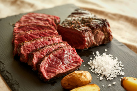A close-up of a perfectly cooked, sliced steak served with roasted potatoes and coarse sea salt on a...