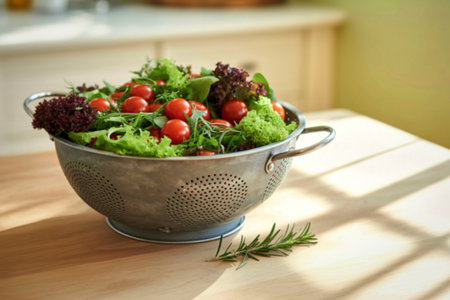 A vibrant, healthy salad overflowing from a decorative metal colander, bathed in soft sunlight on a...