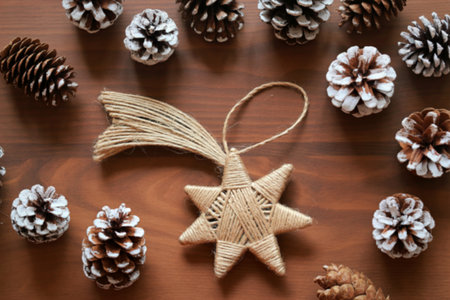 A handmade star ornament with a trailing tail sits amidst a collection of natural pinecones,...