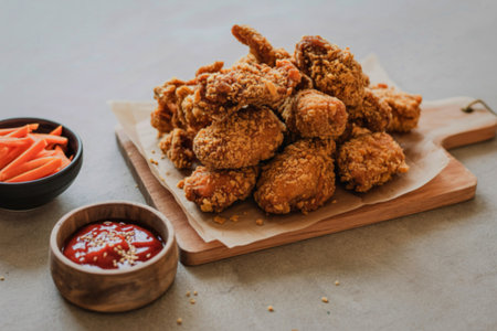 A generous pile of golden brown, crispy fried chicken pieces served on a wooden board with ketchup and a side of shredded carrots.の写真素材