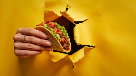 A person's hand with a ring holds a delicious taco, breaking through a vibrant yellow torn paper backdrop.の写真素材