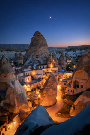 A breathtaking twilight view of Cappadocia's unique rock formations, illuminated by warm lights, under a starry sky.の写真素材